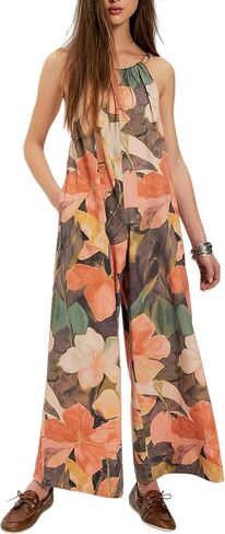 UANEO Jumpsuit for Women Cotton Linen Wide Leg Adjustable Strap Overall One Piece Summer Rompers Pants with Pockets (#2Caramel-L) in Kuwait