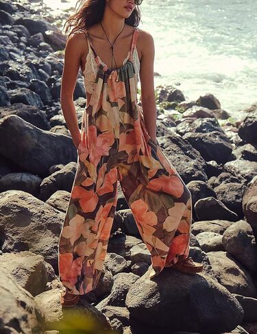 UANEO Jumpsuit for Women Cotton Linen Wide Leg Adjustable Strap Overall One Piece Summer Rompers Pants with Pockets (#2Caramel-L) in Kuwait