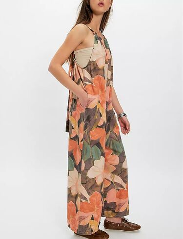 UANEO Jumpsuit for Women Cotton Linen Wide Leg Adjustable Strap Overall One Piece Summer Rompers Pants with Pockets (#2Caramel-L) in Kuwait