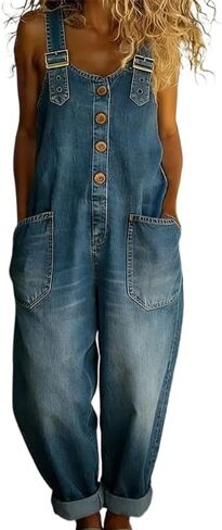 Womens Denim Bib Overall Y2K Barrel Leg Button Front Romper Vintage Loose Jumpsuits Jean with Pockets in Saudi Arabia