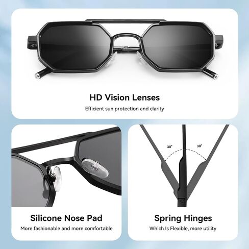 Square Aviator Sunglasses for Men with Spring Hinges, Metal Frame Punk Shades in Kuwait