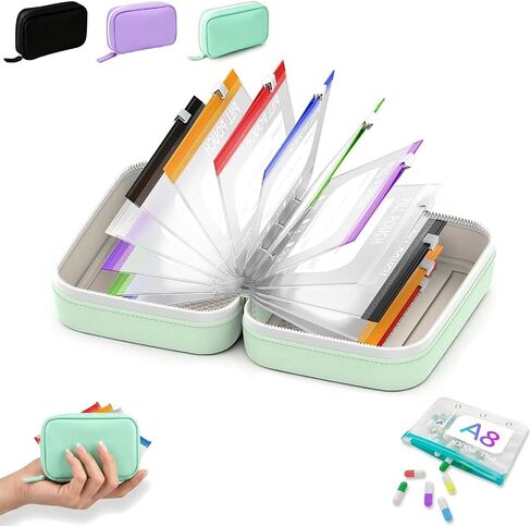A8 Waterproof Pill Organizer Set, Waterproof Pill Organizer with 14 Color-Coded Pouches Zippered Pill Pouches, Leakproof Reusable Zippered Storage Case, Compact Daily Pills Holder (Black) in Saudi Arabia