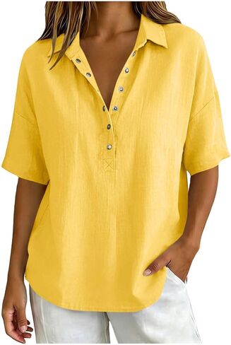 Cotton Linen Tops for Women 2026 Summer Gauze Button Down Collared Shirts Half Sleeve V Neck Dressy Casual Blouses in Saudi Arabia