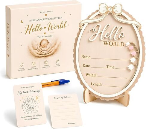 Baby Announcement Sign – Hello World Newborn Sign in 3D Wood with Charming Pink Bow Accent & Elegant Vintage Frame Details for Newborn Memories, Nursery Décor & Baby’s First Precious Moments in Kuwait