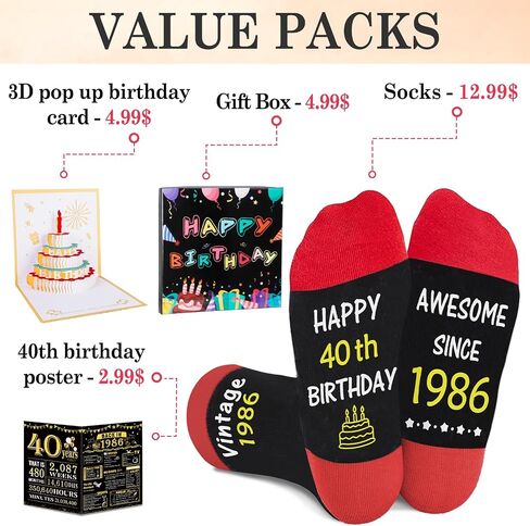 Juesly 40th Birthday Gifts for Men Women, Awesome Since 1986 Socks and 40 th Birthday Vintage Poster, 40 Year Old Birthday Gifts for Women Men in Saudi Arabia