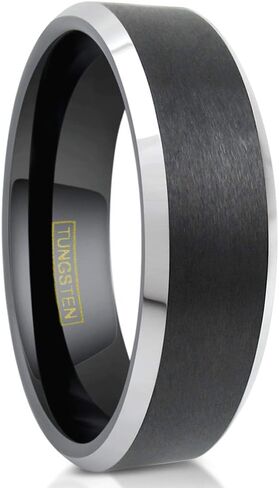 Classic Modern Minimalist 6mm/8mm Brushed Satin Finish Black Tungsten Carbide Band Ring w/Brilliant Polished Silver Beveled Edges feat. Comfort Fit Inner Band. in Kuwait