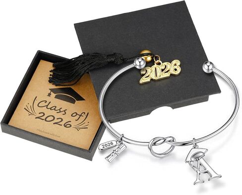 Turandoss Graduation Gifts for Women 2026 - 14K White Gold Plated Initial Knot Cuff Bangle, Dainty Grad Cap Diploma Bracelet, Class of 2026 Graduation Jewelry Gift for Her College High School Graduate in Kuwait