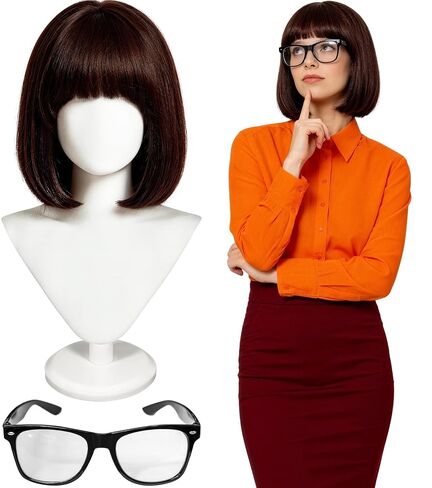 Vintage Brown Bob Wig with Glasses Set - Synthetic Fiber Cartoon Detective & Retro Fringe Costume for Women, Halloween, Cosplay, Dress-Up Parties in Saudi Arabia