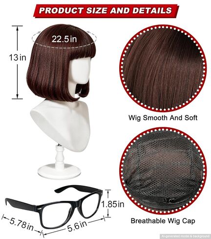 Vintage Brown Bob Wig with Glasses Set - Synthetic Fiber Cartoon Detective & Retro Fringe Costume for Women, Halloween, Cosplay, Dress-Up Parties in Saudi Arabia