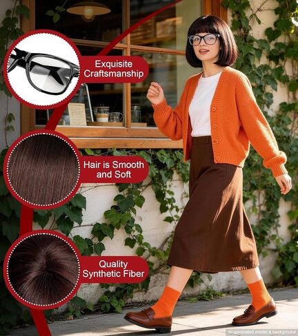 Vintage Brown Bob Wig with Glasses Set - Synthetic Fiber Cartoon Detective & Retro Fringe Costume for Women, Halloween, Cosplay, Dress-Up Parties in Saudi Arabia