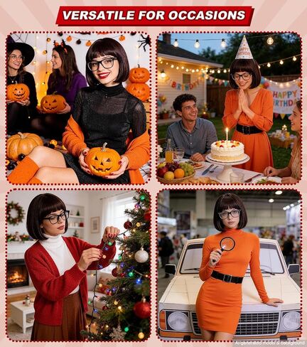 Vintage Brown Bob Wig with Glasses Set - Synthetic Fiber Cartoon Detective & Retro Fringe Costume for Women, Halloween, Cosplay, Dress-Up Parties in Saudi Arabia