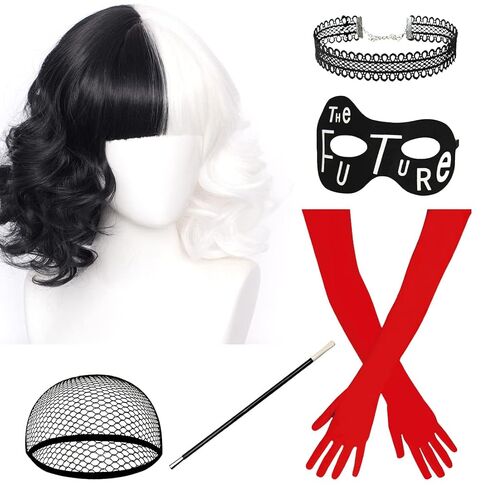 Black and White Synthetic Wig with Accessories of Long Red Gloves, Future Mask, Stick, Choker for Halloween Costume Women Set in Saudi Arabia