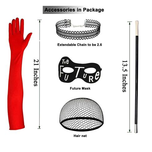 Black and White Synthetic Wig with Accessories of Long Red Gloves, Future Mask, Stick, Choker for Halloween Costume Women Set in Saudi Arabia