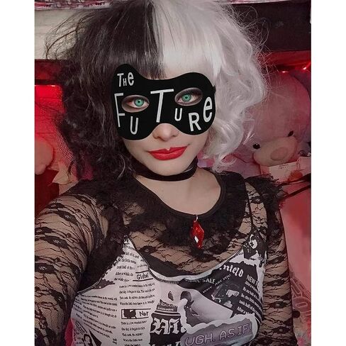 Black and White Synthetic Wig with Accessories of Long Red Gloves, Future Mask, Stick, Choker for Halloween Costume Women Set in Saudi Arabia