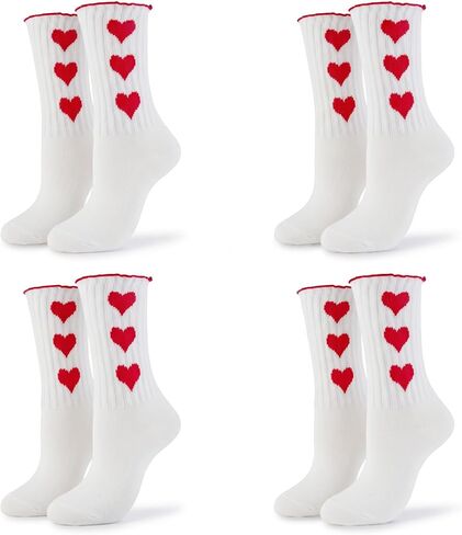 4 Pairs White Heart Ruffle Socks for Women,Cotton Cute Slouchy Socks | Breathable,Size 6-10, Retro Aesthetic Frilly Socks, Crew Socks in Kuwait