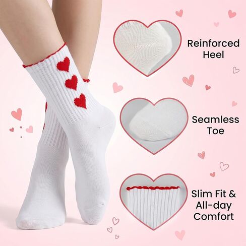 4 Pairs White Heart Ruffle Socks for Women,Cotton Cute Slouchy Socks | Breathable,Size 6-10, Retro Aesthetic Frilly Socks, Crew Socks in Kuwait