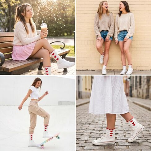 4 Pairs White Heart Ruffle Socks for Women,Cotton Cute Slouchy Socks | Breathable,Size 6-10, Retro Aesthetic Frilly Socks, Crew Socks in Kuwait