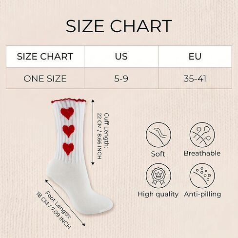 4 Pairs White Heart Ruffle Socks for Women,Cotton Cute Slouchy Socks | Breathable,Size 6-10, Retro Aesthetic Frilly Socks, Crew Socks in Kuwait