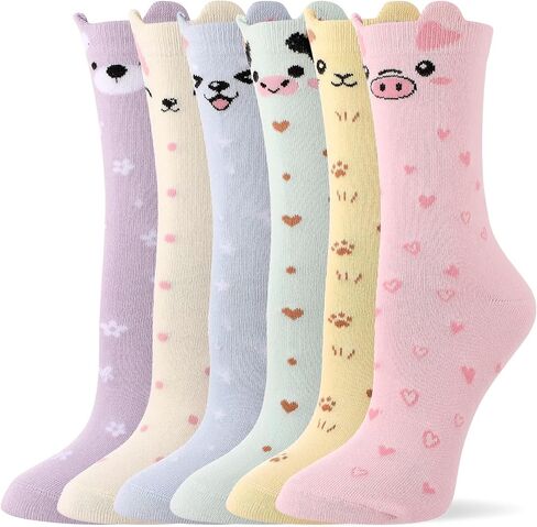6 Pairs Cute Animal Cotton Socks for Women Soft Breathable Crew Socks with Cat Pig Print Novelty Casual Home Socks for Ladies in Kuwait