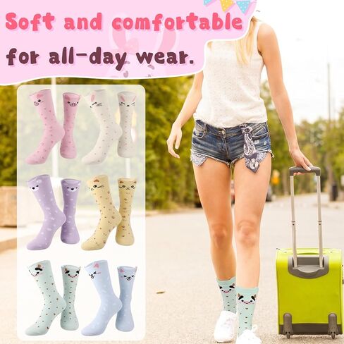 6 Pairs Cute Animal Cotton Socks for Women Soft Breathable Crew Socks with Cat Pig Print Novelty Casual Home Socks for Ladies in Kuwait