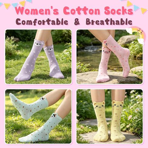 6 Pairs Cute Animal Cotton Socks for Women Soft Breathable Crew Socks with Cat Pig Print Novelty Casual Home Socks for Ladies in Kuwait