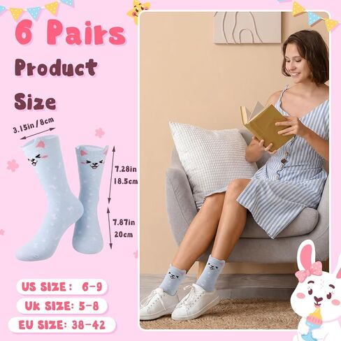 6 Pairs Cute Animal Cotton Socks for Women Soft Breathable Crew Socks with Cat Pig Print Novelty Casual Home Socks for Ladies in Kuwait