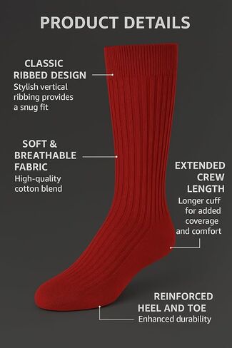 NoRch Women’s Red Ribbed Crew Socks – Soft Stretch Cotton Calf-High Socks for Sneakers, Boots & Casual Wear (Size 6–10) in Kuwait