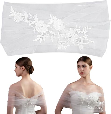 1pc Tulle Bridal Shawl 21 Inch Non Adjustable Flower Embodied Shawls White Bridal Shawl Wraps Bridals Bolero Jackets Shawls Tulle off Shoulders Clothing for Wedding Dress Decor in Kuwait