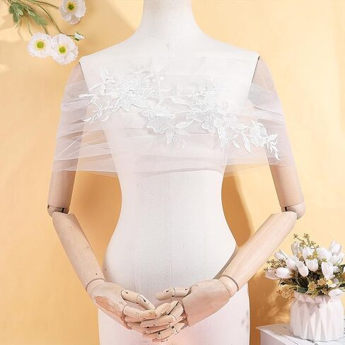 1pc Tulle Bridal Shawl 21 Inch Non Adjustable Flower Embodied Shawls White Bridal Shawl Wraps Bridals Bolero Jackets Shawls Tulle off Shoulders Clothing for Wedding Dress Decor in Kuwait