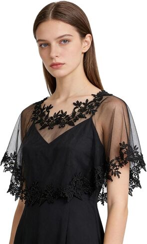 NICENEEDED Black Lace Wedding Shawls Wrap for Women, Bridal Embroidered Shrug Bolero Shoulder Cape, Cover up Accessory For Evening Wedding Party in Kuwait