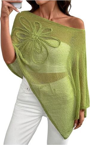 GORGLITTER Women's Plus Size Off The Shoulder Sheer Poncho Tops Floral Crochet Knit Asymmetrical Shawl Sweater in Kuwait