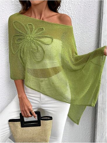 GORGLITTER Women's Plus Size Off The Shoulder Sheer Poncho Tops Floral Crochet Knit Asymmetrical Shawl Sweater in Kuwait