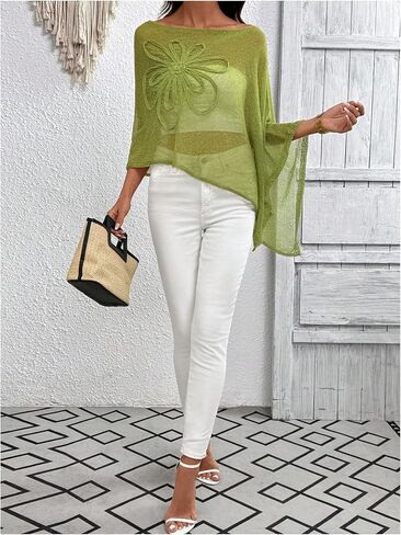 GORGLITTER Women's Plus Size Off The Shoulder Sheer Poncho Tops Floral Crochet Knit Asymmetrical Shawl Sweater in Kuwait