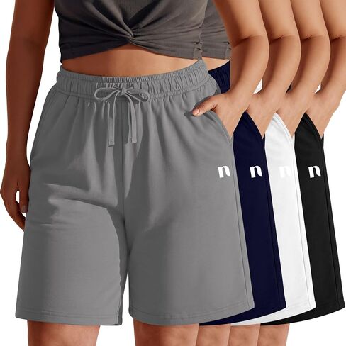 Neer 4 Pack Plus Size Bermuda Shorts for Curvy Women Cotton High Waist Athletic Drawstring Summer SweatShorts with Pockets in Kuwait