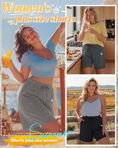 Neer 4 Pack Plus Size Bermuda Shorts for Curvy Women Cotton High Waist Athletic Drawstring Summer SweatShorts with Pockets in Kuwait