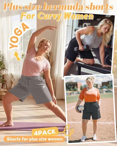 Neer 4 Pack Plus Size Bermuda Shorts for Curvy Women Cotton High Waist Athletic Drawstring Summer SweatShorts with Pockets in Kuwait