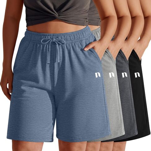 Neer 4 Pack Plus Size Bermuda Shorts for Curvy Women Cotton High Waist Athletic Drawstring Summer SweatShorts with Pockets in Kuwait