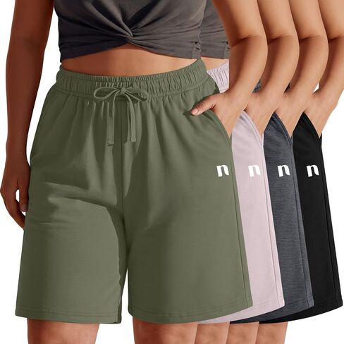 Neer 4 Pack Plus Size Bermuda Shorts for Curvy Women Cotton High Waist Athletic Drawstring Summer SweatShorts with Pockets in Kuwait