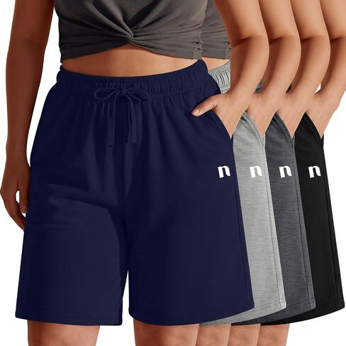 Neer 4 Pack Plus Size Bermuda Shorts for Curvy Women Cotton High Waist Athletic Drawstring Summer SweatShorts with Pockets in Kuwait