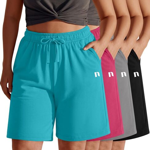 Neer 4 Pack Plus Size Bermuda Shorts for Curvy Women Cotton High Waist Athletic Drawstring Summer SweatShorts with Pockets in Kuwait