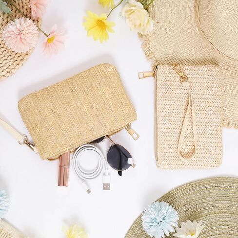 2Pcs Womens Straw Clutch Bag Bohemian Summer Beach Bag Straw Purse Wristlet Wallets Bags with Zipper for Women in Kuwait