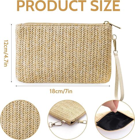 2Pcs Womens Straw Clutch Bag Bohemian Summer Beach Bag Straw Purse Wristlet Wallets Bags with Zipper for Women in Kuwait