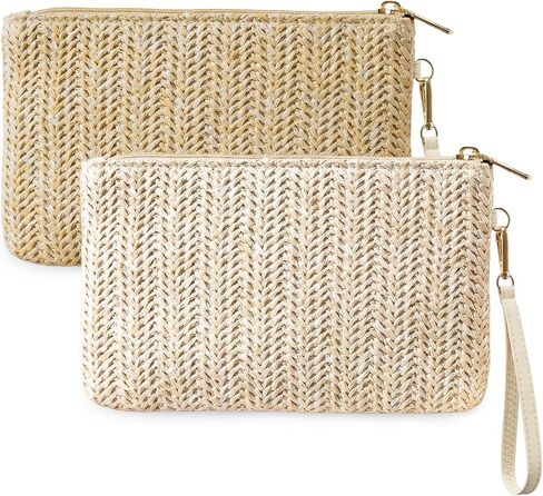 2Pcs Womens Straw Clutch Bag Bohemian Summer Beach Bag Straw Purse Wristlet Wallets Bags with Zipper for Women in Kuwait