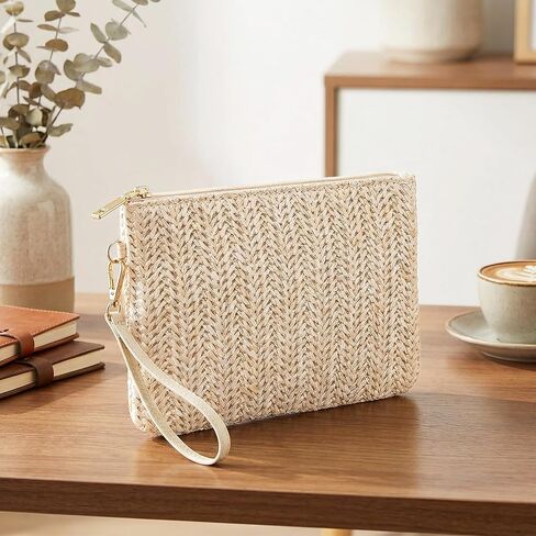 2Pcs Womens Straw Clutch Bag Bohemian Summer Beach Bag Straw Purse Wristlet Wallets Bags with Zipper for Women in Kuwait