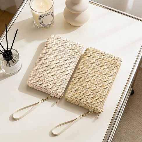 2Pcs Womens Straw Clutch Bag Bohemian Summer Beach Bag Straw Purse Wristlet Wallets Bags with Zipper for Women in Kuwait