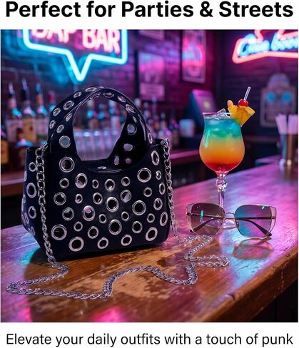 Black Silver Purse, Cutout-Designed Punk Bag, Purses for Women Comes with a Detachable Chain, Ideal for School, Gatherings, Parties and Work in Kuwait