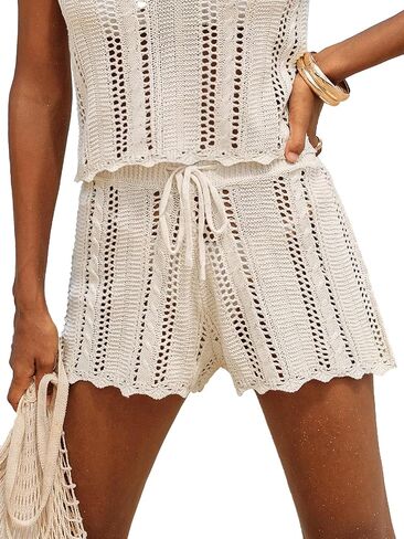 CUPSHE Women Crochet Swimsuit Cover Ups Shorts Drawstring Hollow Out Beach Coverup Shorts in Kuwait
