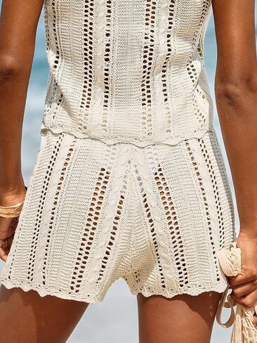 CUPSHE Women Crochet Swimsuit Cover Ups Shorts Drawstring Hollow Out Beach Coverup Shorts in Kuwait