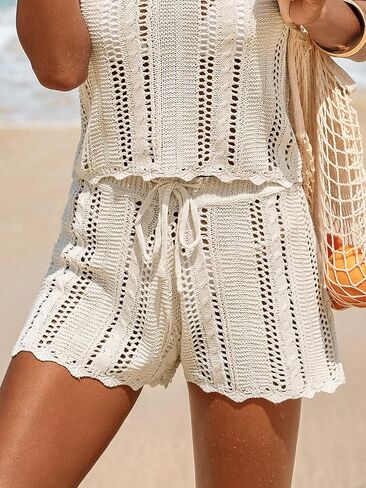 CUPSHE Women Crochet Swimsuit Cover Ups Shorts Drawstring Hollow Out Beach Coverup Shorts in Kuwait