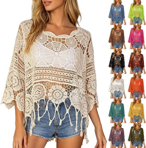 Women's Plain Fringe Trim Cut Out Sheer Cover Up, Boho Scallop Trim Sarong 3/4 Sleeve One Size for Vacation 2026 in Kuwait